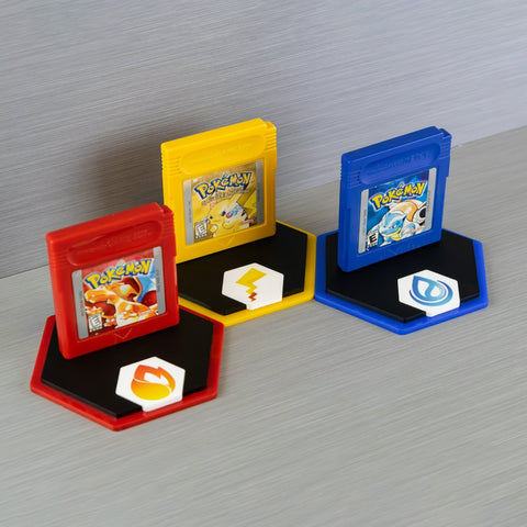 "Caught 'em All" cartridge display stand for Pokemon generation I carts - Red, Blue & Yellow Edition | Rose Colored Gaming - 1