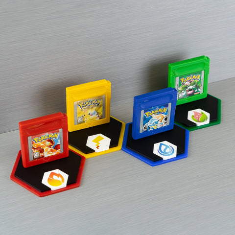 "Caught 'em All" cartridge display stand for Pokemon generation I carts - Red, Blue & Yellow plus Green | Rose Colored Gaming - 1