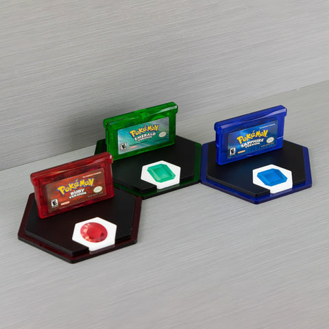 "Caught 'em All" cartridge display stand for Pokemon generation III carts - Ruby, Sapphire & Emerald Edition | Rose Colored Gaming - 1