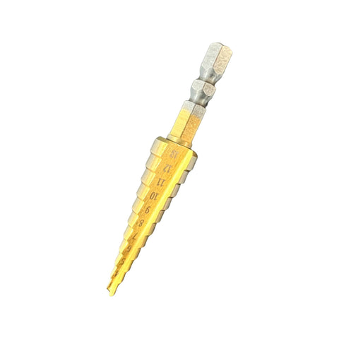 Step drill bit cone titanium coated steel stepped tool 3 - 13mm for audio & button hole game console mods | ZedLabz - 2