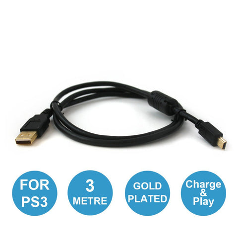 USB charging cable for Sony PS3 controller 3m gold plated mini extra long charge & play lead - Black | ZedLabz - 1