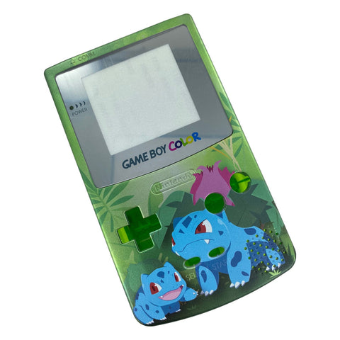 UV Printed shell for Nintendo Game Boy Color custom Bulbasaur (pokemon) inspired design - UV printed front & clear green back housing | Jamesyplays - 1