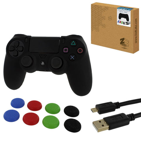 ZedLabz protect & play kit for PS4 inc silicone cover, thumb grips & 3m charging cable - black - 2